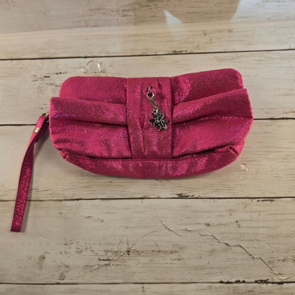 Victoria's Secret Hot Pink Metallic Wristlet Clutch Star‎ Charms Pleated Bag